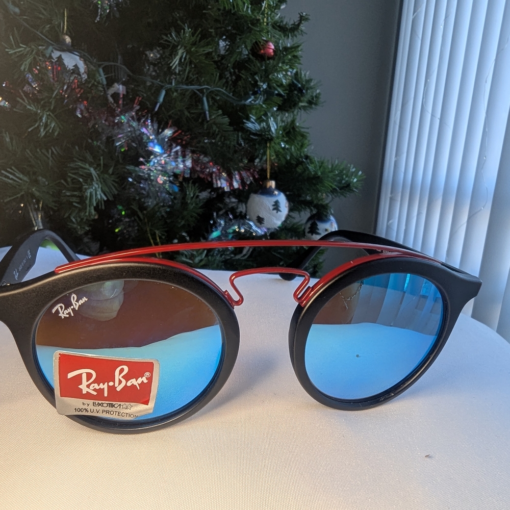 Ray-Ban Black and Red Sunglasses with Blue Lenses